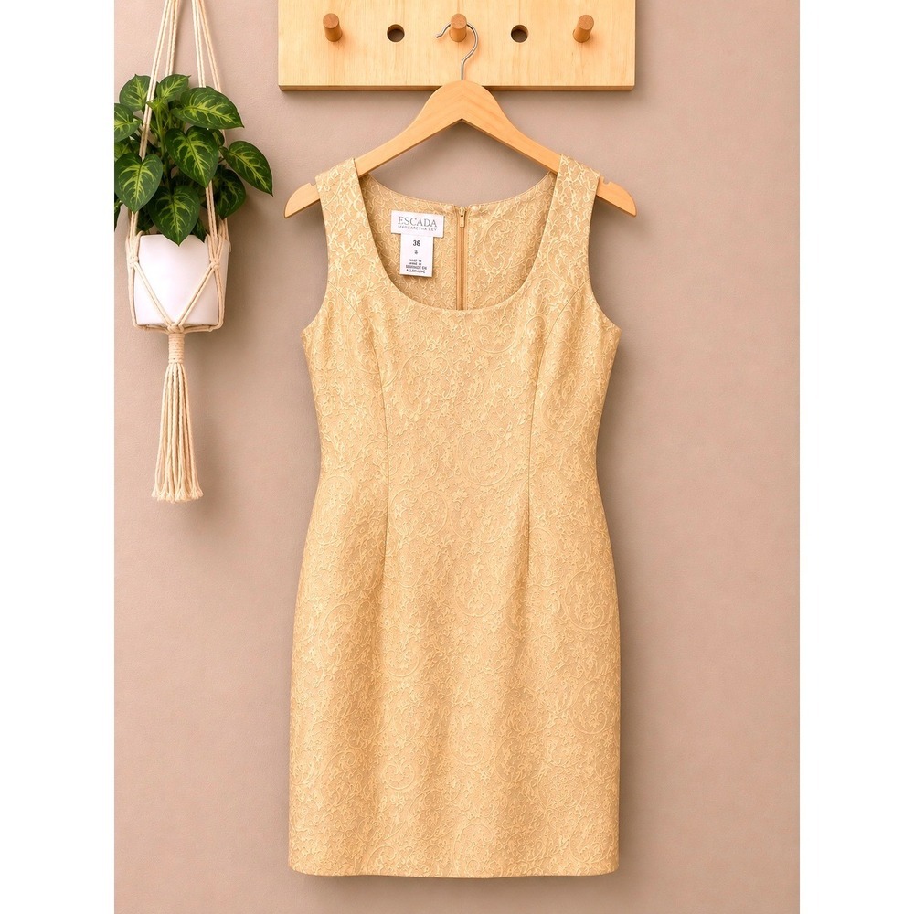 Escada Margaretha Ley Gold Silk Wool Jacquard Sheath‎ Dress Vintage Size 36 6